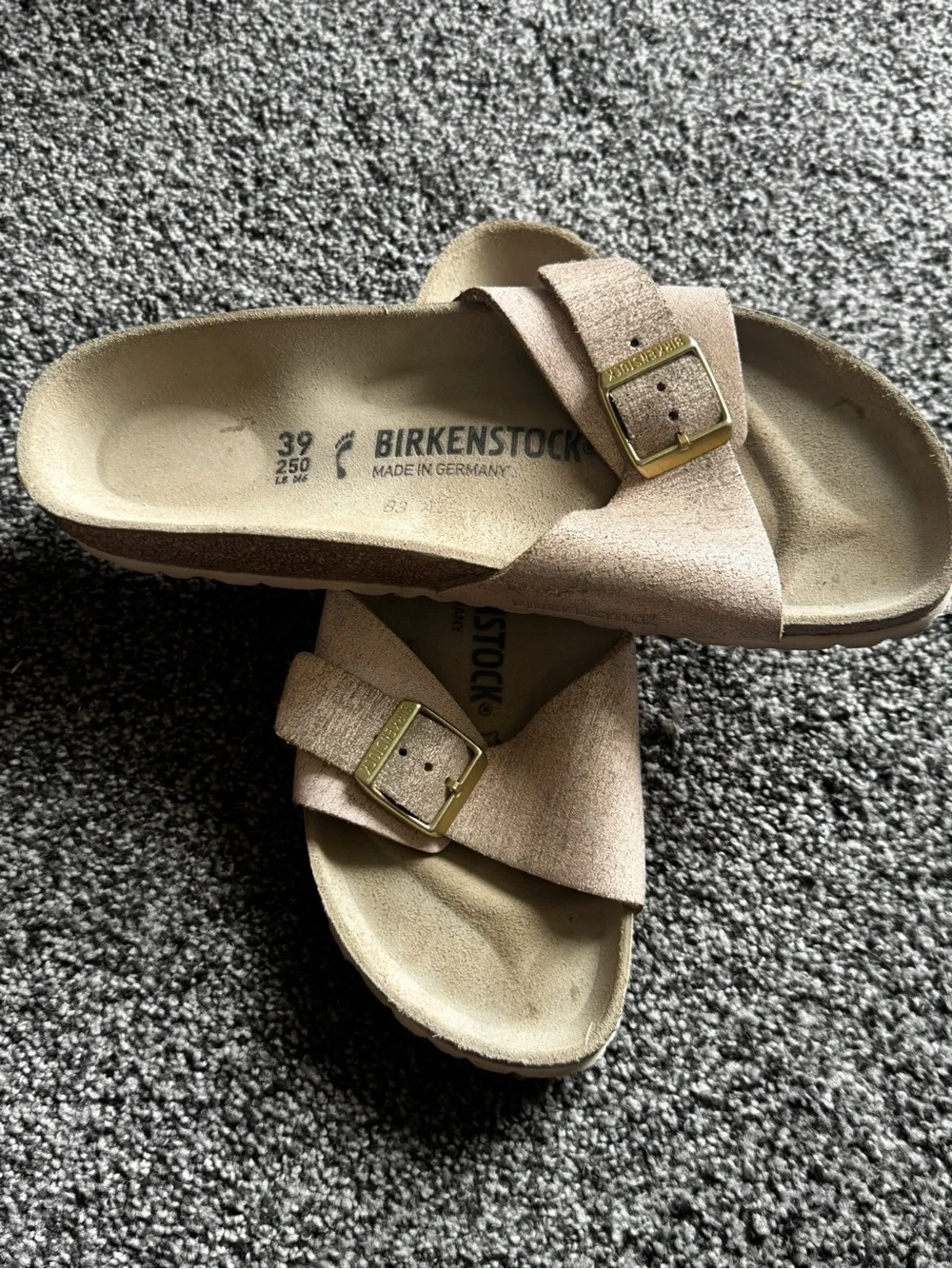 Birkenstock Beige Suede Single Strap Slide with Gold Buckle